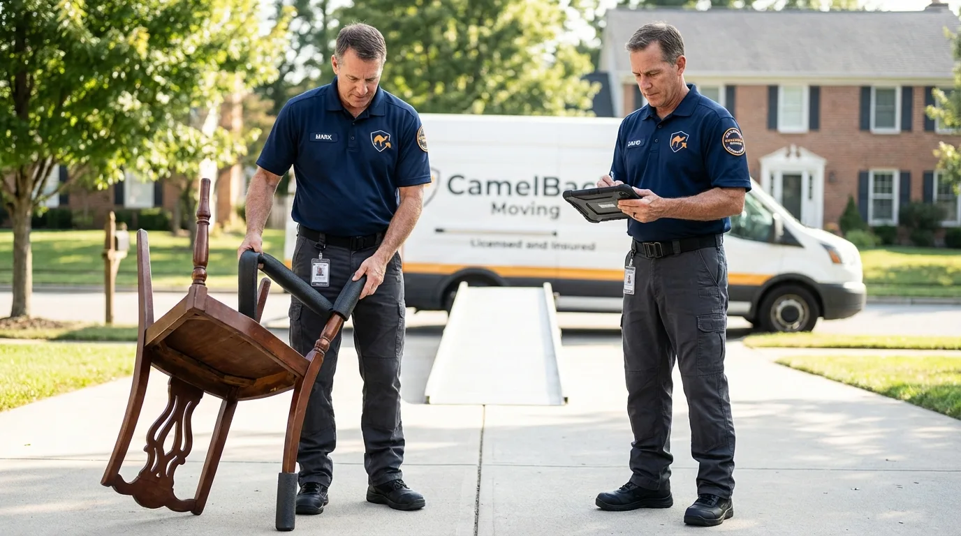 Movers inspecting furniture for damage prevention before loading in Oceanside, CA