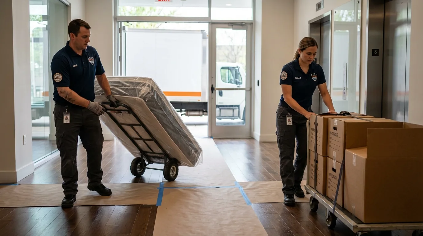 Professional apartment movers loading elevator in Oceanside, CA