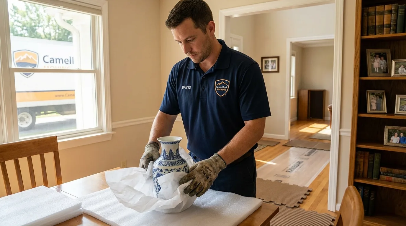 Professional crew carefully wrapping antique vase for senior downsizing move in Oceanside, CA